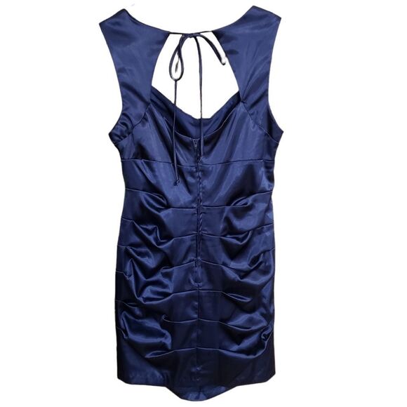 Windsor Metallic Blue Satin Side Pleats Tie Around Bodycon Dress Size 13 NWT - Picture 2 of 16